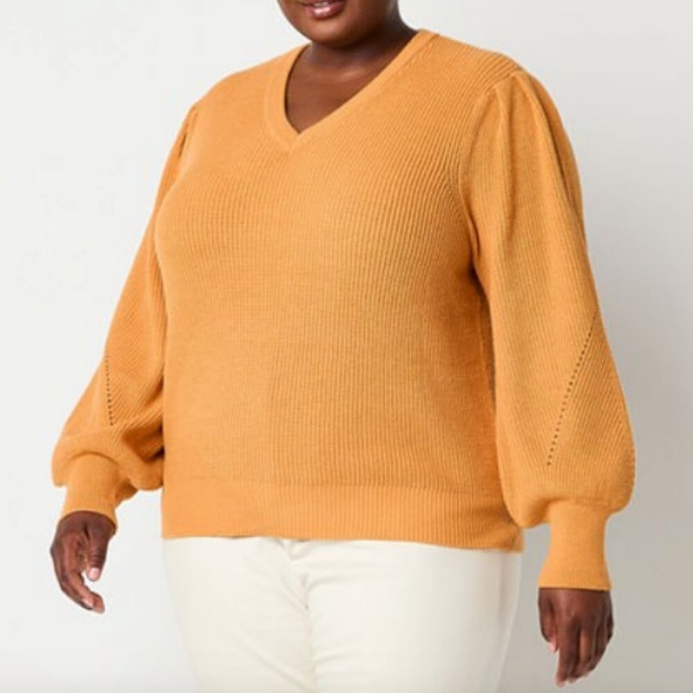 Liz Claiborne Plus Womens V Neck Long Sleeve Pullover Sweater, Honey size 3X NEW